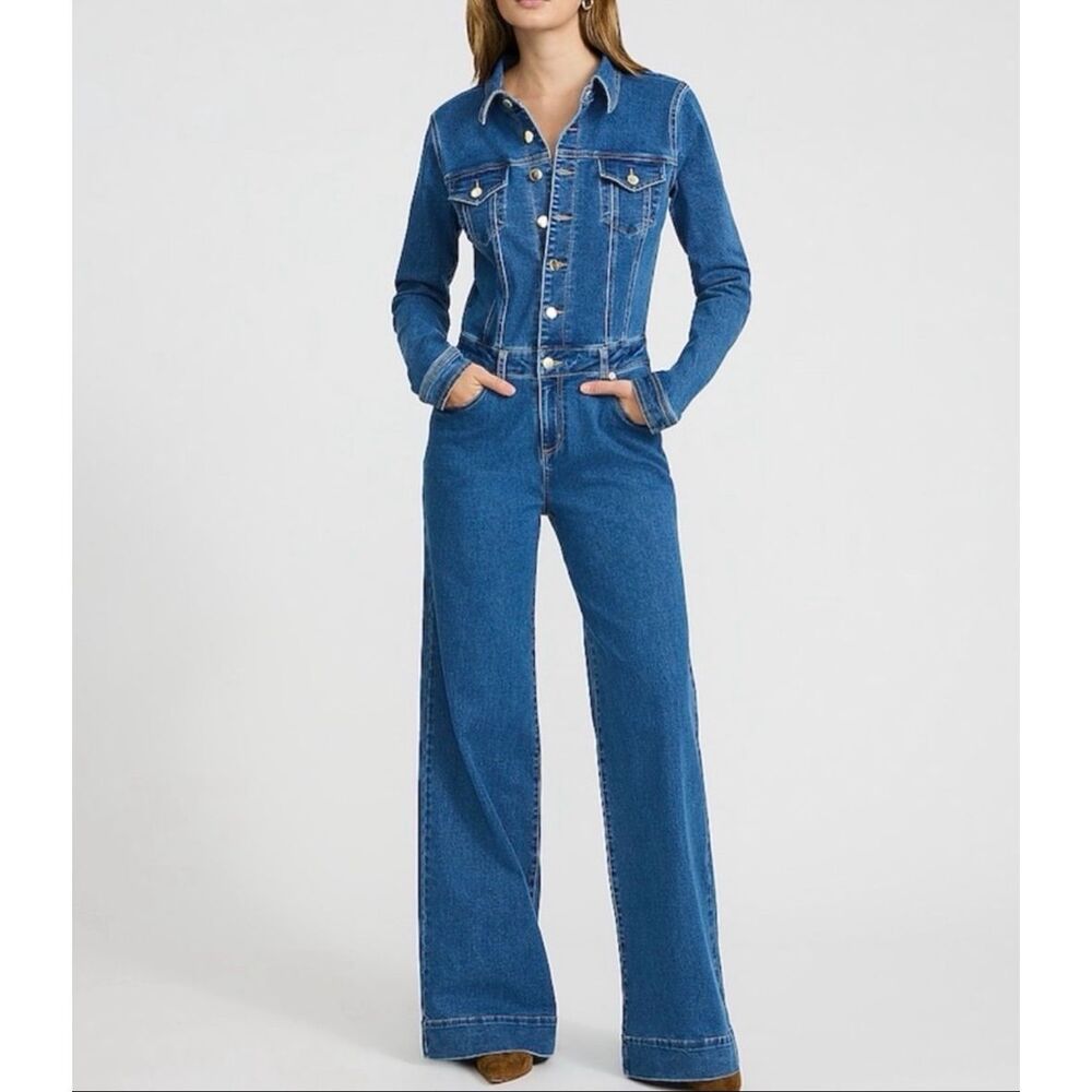 Express Stretch Denim Long Sleeve Button Front Wide Leg Jumpsuit Blue L NEW - Picture 1 of 16